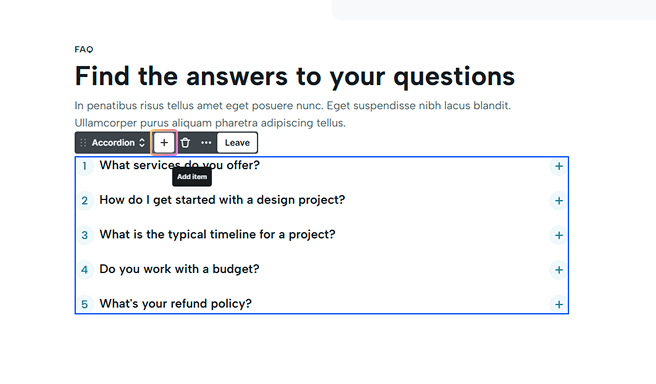 Mosaic Accordion toolbar showing the Add icon button