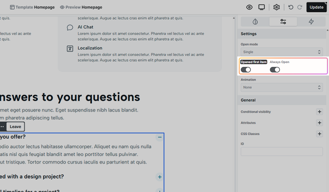 Accordion settings panel with the Opened first item toggle enabled, allowing the first item to be open by default always