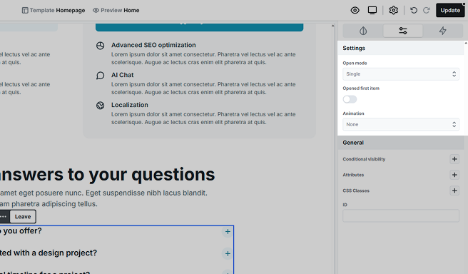 Mosaic Accordion element advanced tab settings showing options to configure behavior
