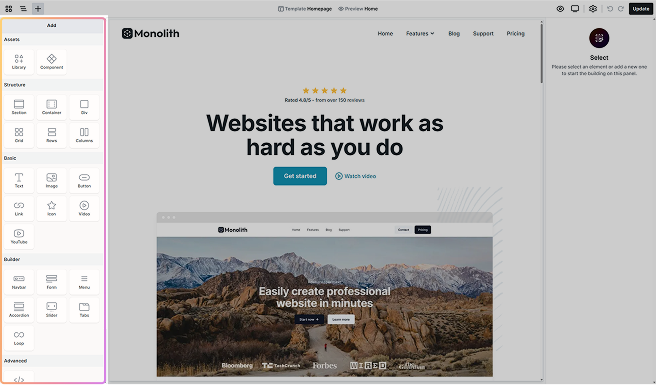 Add panel highlighted in Mosaic's Editor, providing access to elements and components for inserting into the canvas.
