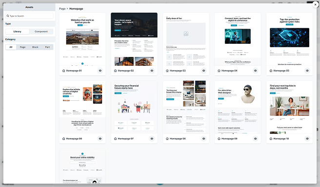 Assets pop-up panel in Mosaic displaying reusable components and layout library for quick design access