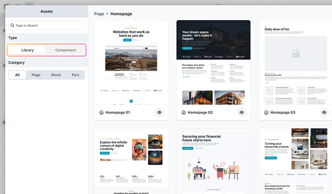 Highlighted options in Mosaic for choosing between Components and Library layouts