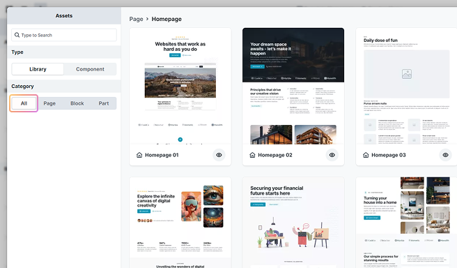 All tab selected in Mosaic's Library categories