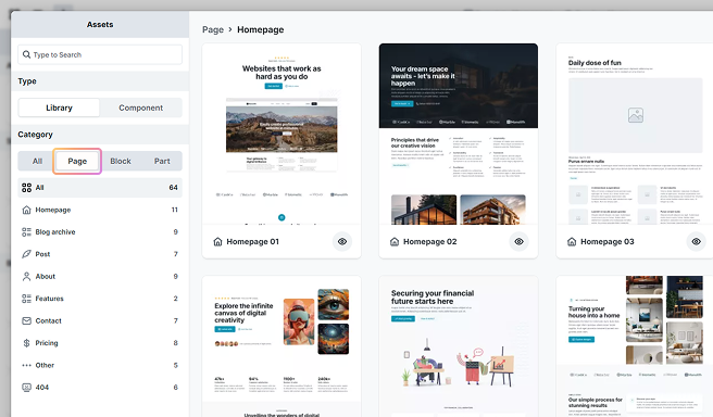 Page tab selected under the Library in Mosaic, displaying full-page layout designs for quick insertion