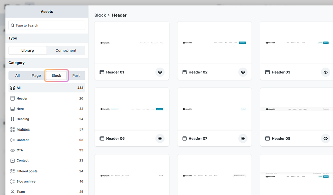 Block tab selected under the Library in Mosaic, showing reusable content blocks for modular page building