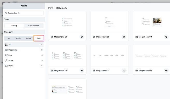 Part tab selected under the Library in Mosaic, featuring smaller reusable design elements