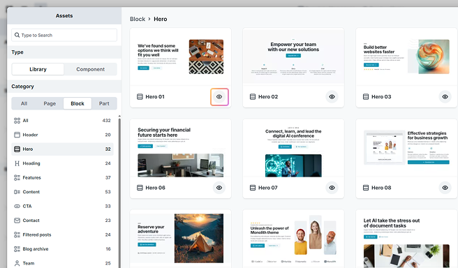Eye icon highlighted in Mosaic Assets window, allowing users to preview designs before adding them to the Canvas