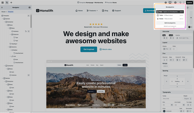 Breakpoint selector highlighted on the right side of Mosaic’s Top panel, showing device previews and allowing style adjustments per screen size
