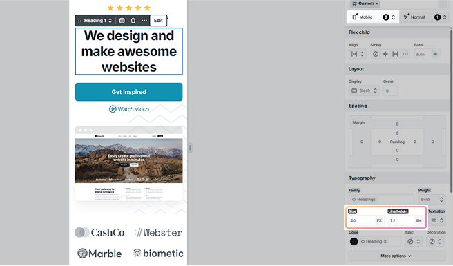 Mosaic editor in breakpoint view showing device-specific styling with modified styles marked by a black background for easy identification