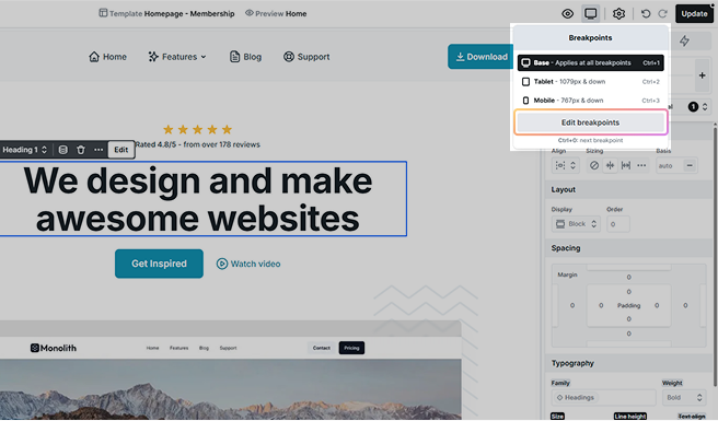 Edit breakpoints button highlighted in Mosaic’s breakpoint dropdown, allowing users to customize responsive device settings
