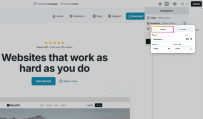 Simple tab highlighted in Mosaic’s Breakpoint settings, offering basic screen size configuration for responsive layout adjustments