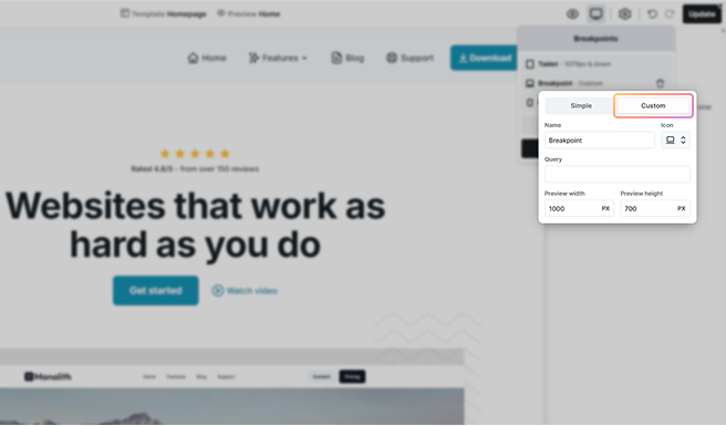 Custom tab highlighted in Mosaic’s Breakpoint settings, enabling advanced control using custom media queries for layout adjustments