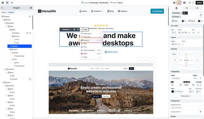 Settings option highlighted in Mosaic’s Base view, showing how to duplicate desktop text styles
