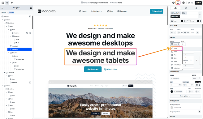 'Display: none' setting applied in Mosaic’s Base view to hide an element across all breakpoints