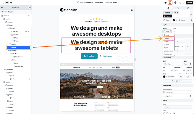 Tablet view in Mosaic editor with previously hidden text selected in the Navigator and Display setting changed to Block for visibility