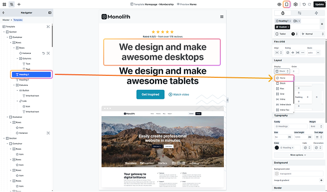 Mosaic editor in Tablet view showing Display setting set to None for desktop text, enabling separate text visibility per device