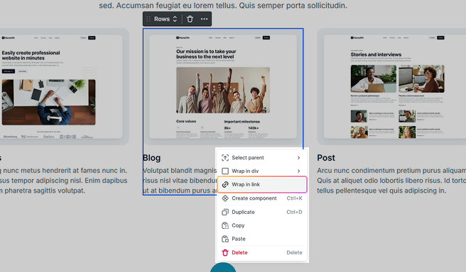 Mosaic editor showing the right-click menu on the Canvas with the “Wrap in link” option highlighted