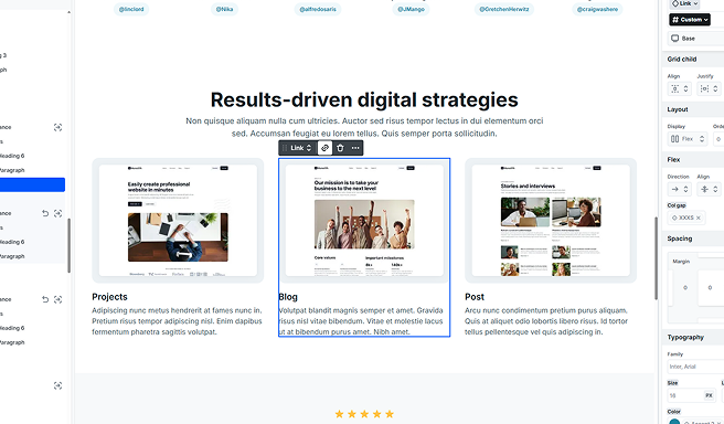 Blog card wrapped in a Link element in Mosaic, demonstrating how entire content blocks can be made clickable