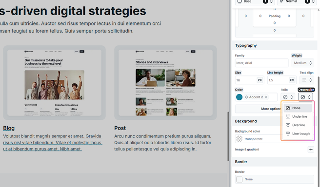 Text decoration dropdown highlighted in Mosaic's Style tab for the Link element, allowing removal of default underline styling
