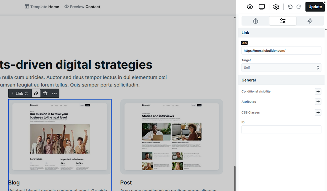 Advanced tab settings for the Link element in Mosaic, showing URL and Target options for customizing link destination and behavior