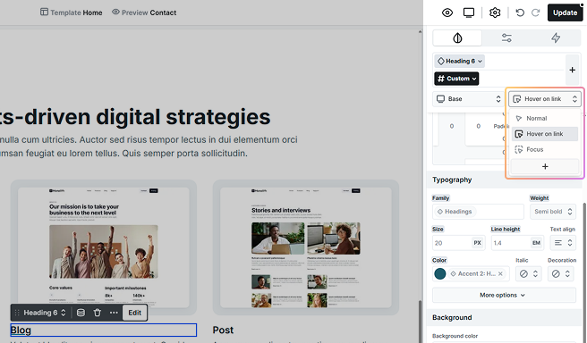 'Hover when link' state selected in Mosaic’s Style tab state selector