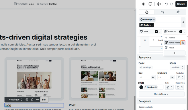 Back arrow highlighted in Mosaic’s Style tab state selector, used to exit the 'Hover when link' state and return to default styling