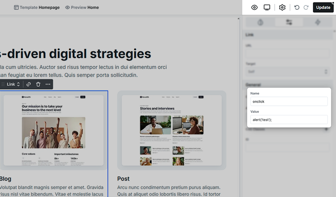 Mosaic editor’s Advanced tab showing an added attribute with Name set to “onclick” and Value set to “alert('test');”