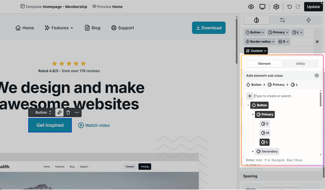 Popup window in Mosaic showing tabs to create new element sub-classes or utility classes after clicking the plus button in the class list