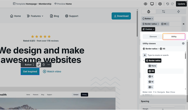 Utility tab highlighted in Mosaic’s class creation interface, allowing users to select a utility class and add a subclass via the search field