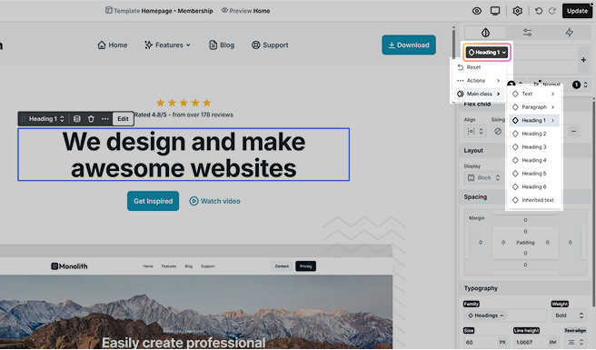 Class manager in Mosaic showing dropdown menu with access to classes