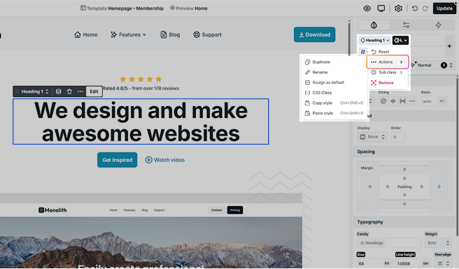 Dropdown in Mosaic’s Class manager displaying the Actions list with options for the selected class type