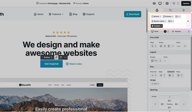 Example in Mosaic’s Class manager showing a text element assigned with all types of classes
