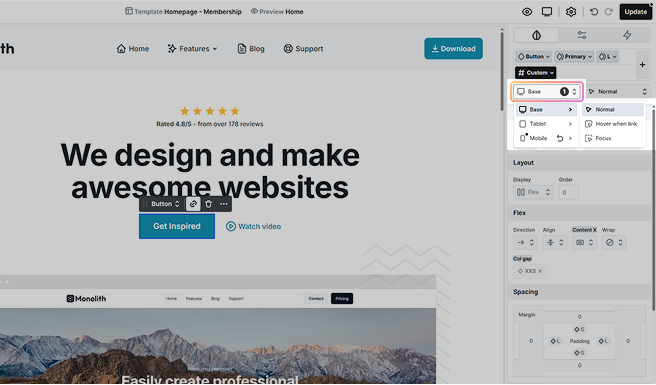 Breakpoint selector highlighted in Mosaic’s Class manager, showing device-specific styling options and corresponding hover states