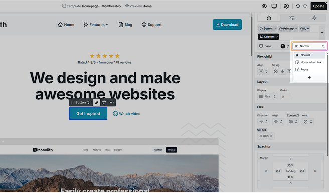 State selector dropdown in Mosaic showing hover and other interactive states for customizing element appearance based on user interactions