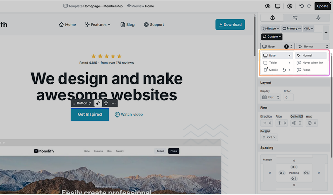 Device-specific dropdown in Mosaic’s State selector allowing styling of interactive states like hover across different screen sizes