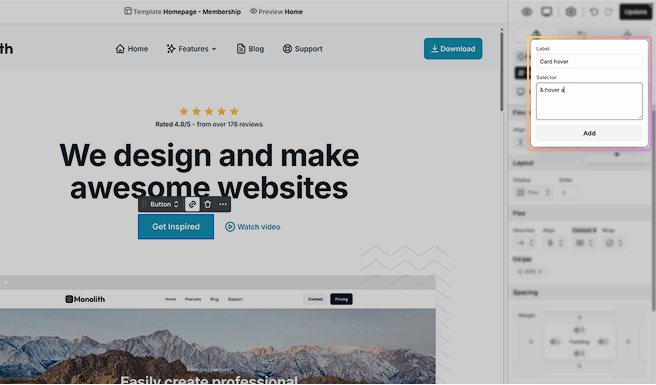 Example in Mosaic showing combined state selector with &:hover a to style all links inside a <div> when it is hovered