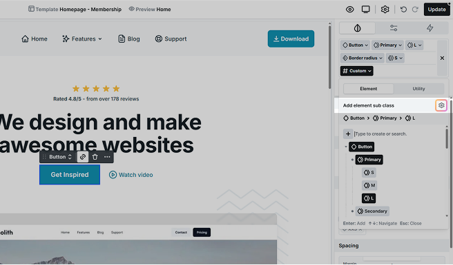 Cog icon highlighted in Mosaic’s class creation popup, used to access the Class manager for managing subclasses or utility classes