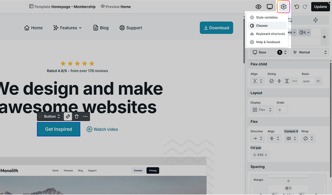 Cog icon highlighted in Mosaic’s Top panel settings, offering an alternate way to access the Class manager for managing styles