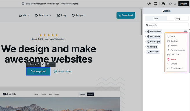 Class manager interface in Mosaic showing options for styling control