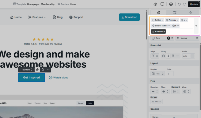 Classes section highlighted in Mosaic’s Style tab, showing how style classes are connected to the selected element’s styling