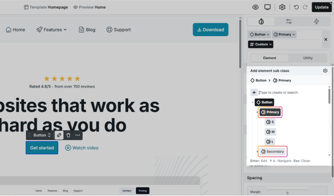 Mosaic Button element class settings showing primary and secondary subclasses as styling options.