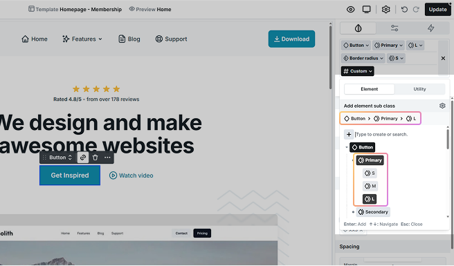 Mosaic class system interface showing element subclasses extended with additional subclasses.