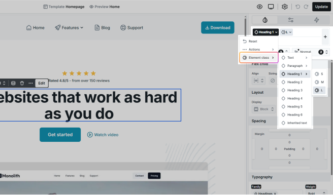 Mosaic editor showing the right-hand side panel's classes section with a dropdown menu for selecting element classes.