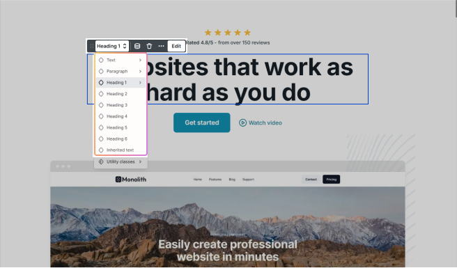Mosaic editor showing how to select an element class directly on the Canvas