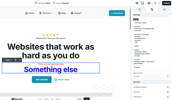 Advanced tab settings for the Code element in Mosaic, providing options to further configure code content
