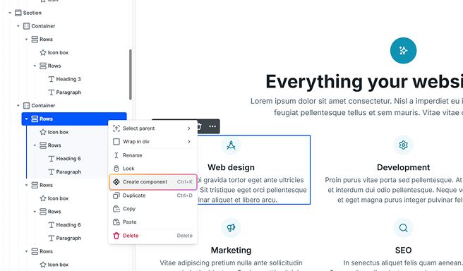 Context menu in Mosaic’s Navigator showing the 'Create component' option