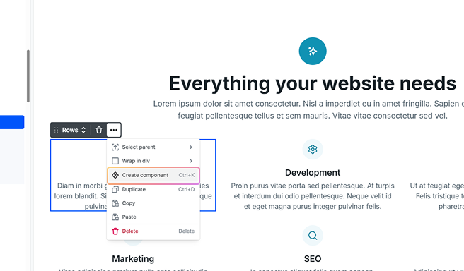 Toolbar menu in Mosaic displaying the 'Create component' option under the three-dot icon