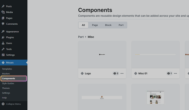 Components menu in Mosaic's interface