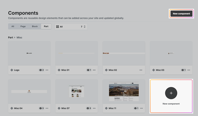 Components interface in Mosaic with New component buttons visible for starting from scratch