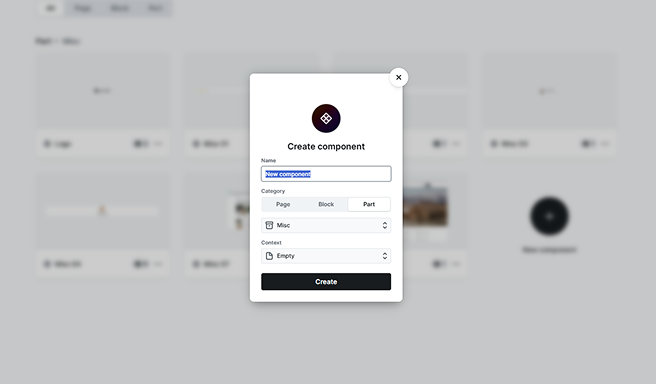 Component creation popup in Mosaic